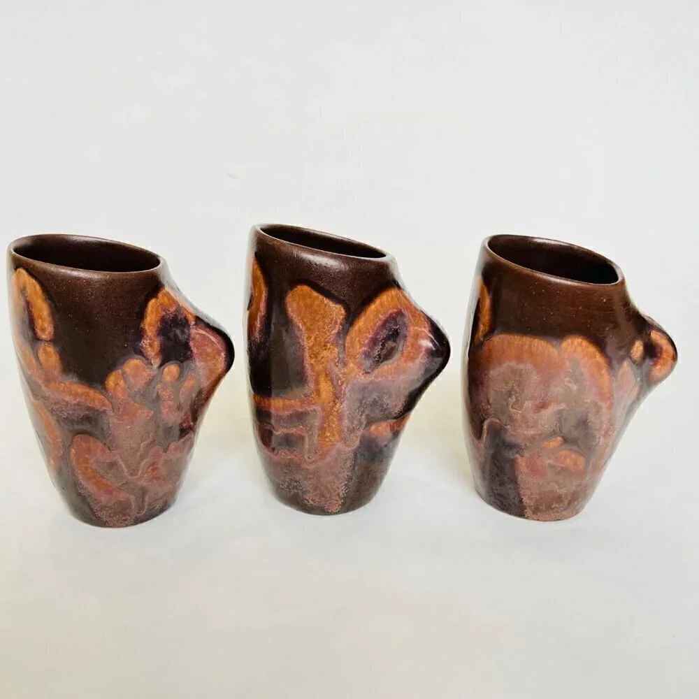Mid Century Modern Laurentian Pottery Canadian handmade Coffee mug, Brown, 3 Set